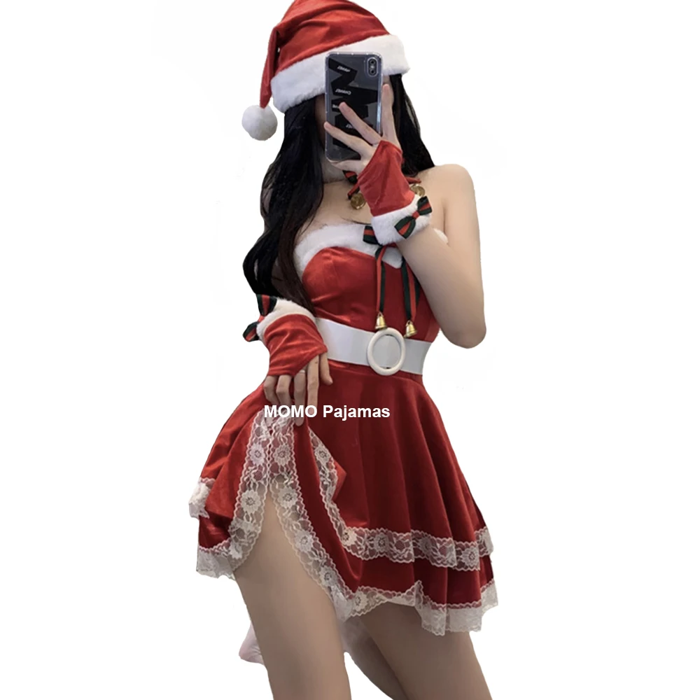 

Women Winter Red Xmas Sexy Lady Santa Claus Cosplay Costume Christmas Carnival Sweet Cosplay Maid Outfit Lovely Velvet Dress Set