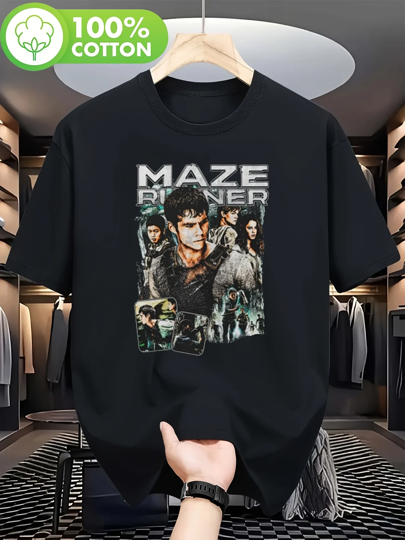 Mobile Maze Movie Print T-shirt for Both Male and Female Characters, Featuring Artistic Patterns and A Tropical Movie Theme