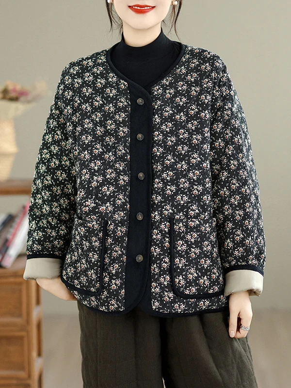 الرجعية فضفاضة جولة Ne القطن Jaet المرأة الأزهار طباعة الأم Sle معطف Thiened شتاء جديد وصول الكورية Sle #5