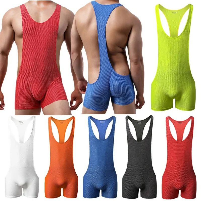 Sexy Mens Stretch Breathable Bodysuit Sport Gym Fitness Jumpsuit Bulge Pouch One Piece Leotard Wrestling Singlet Gay Underwear