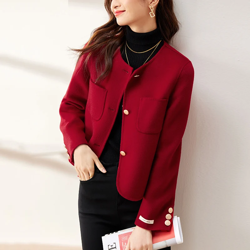 SENTUBILA 100% Wool Coat Woman 2024 Autumn Winter Elegant Single Breasted Round Neck Straight-cut Short Wool Jackets Outerwear