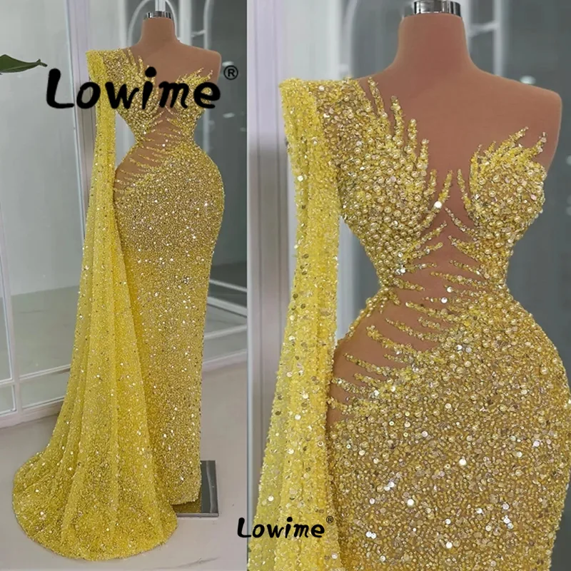 Yellow See Through Prom Dress Aso Ebi Crystal Mermaid Party Dress Sequined One Shoulder Birthday Evening Gowns Long Sleeve Robe