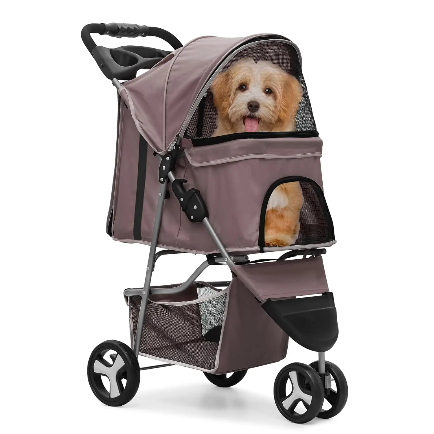 Foldable Dog Strollers for Small Dogs with Weather Cover, 3 Wheels Cart for Dogs and Cats with Storage Basket,Coffee