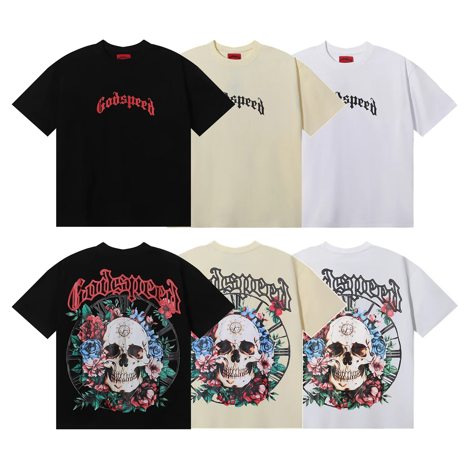 GOD SPEED T-shirt Men Women Skull Rose Clock Plate Print Loose Casual Godspeed Short Sleeve Top Tee