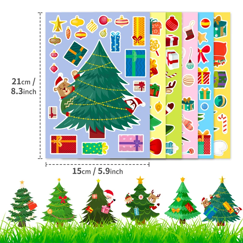 6 Sheets/Set Christmas Tree Stickers Kids Handmade DIY Puzzle Sticker Make a Xmas Tree Stickers Gift Decoration Decal