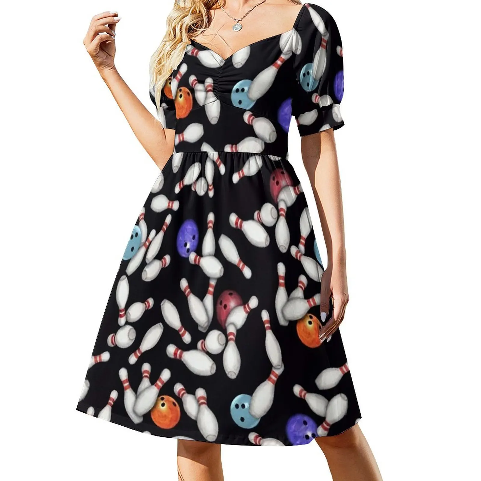 

Bowling Pins And Multicolor Short Sleeved Dress women's clothing korea stylish Dresses prom clothes Dress