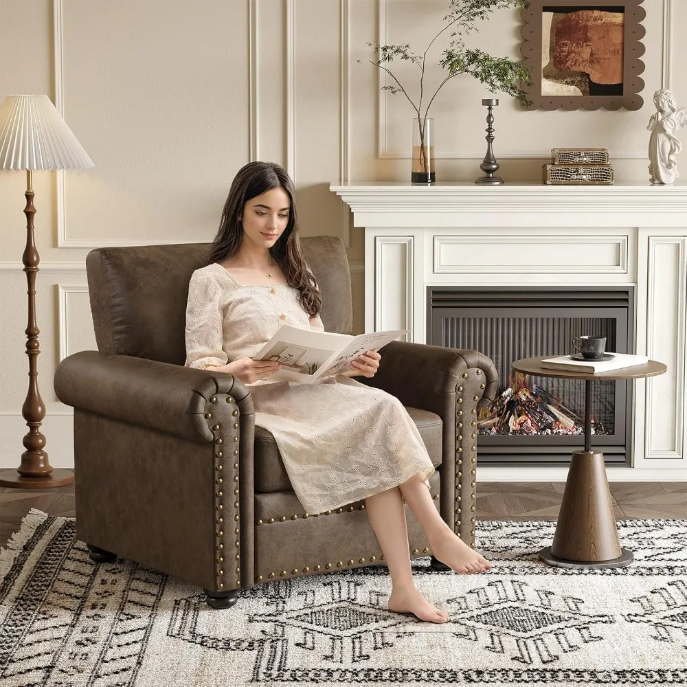 كرسي أنيق من الجلد الصناعي مع حواف رأس أظافر لغرفة المعيشة، كرسي بذراعين من القطيفة على أرجل خشبية صلبة #5