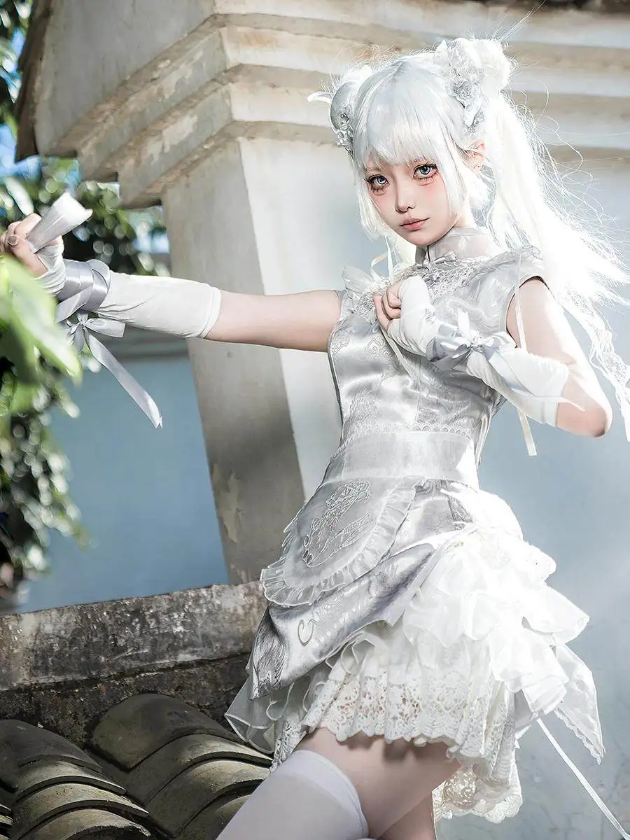 

Summer Original Chinese Style Lolita Dress Elegant Modified Slim Cheongsam Embroidered Apron Fluffy Trousers Skirt Set Women Cos