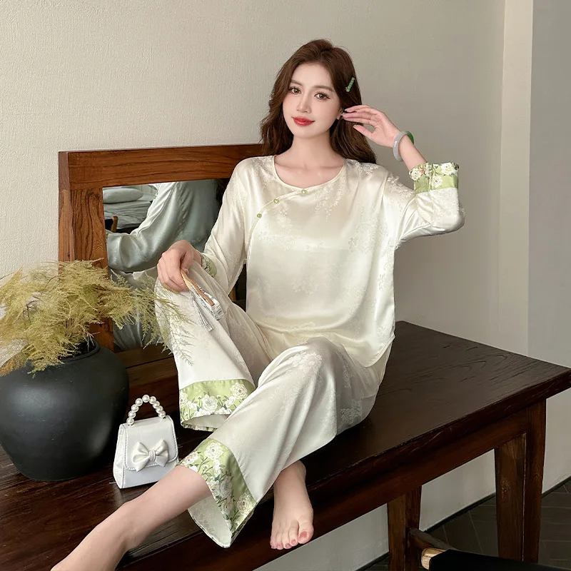 

Ice Silk Pajamas for Women Spring New Chinese-style National Style Set Silk Satin Jacquard Long-sleeved High-end Lace Home Wear