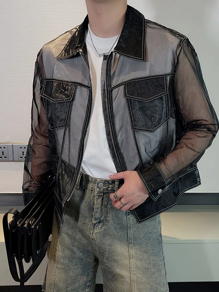 Summer Men's Simple Mesh Jacket American Casual Fashion High Street Breathable Male Perspective Lapel Zipper Sunscreen Coat
