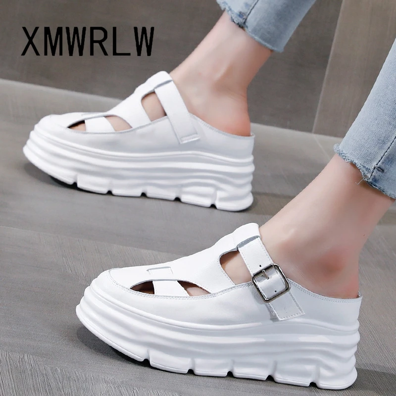 

XMWRLW Women Summer Genuine Leather Slippers Fashion High Heels Women Summer Slippers Platform Shoes Female Beach Shoes Slipper