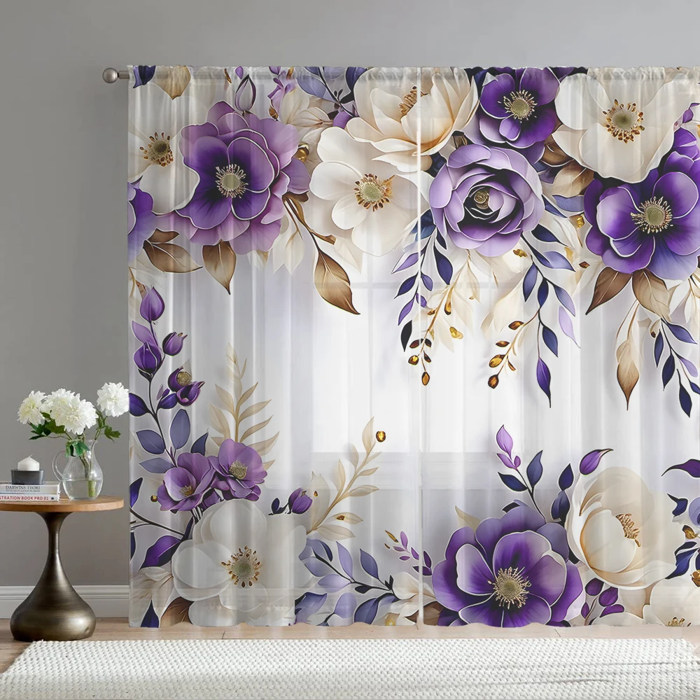 2PCS Home decoration purple and white floral printed window screens with pole bags, suitable for kitchens, cafes, living room