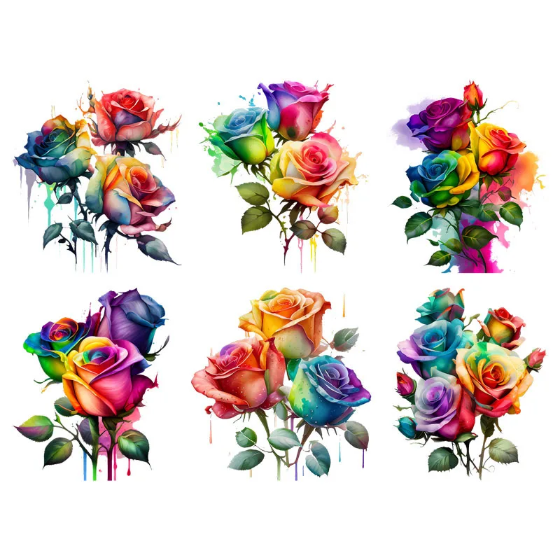 Pretty Colorful Rose DTF patches for clothing Heat Transfer On Clothes transfers ready to press Iron On Patches For Clothing