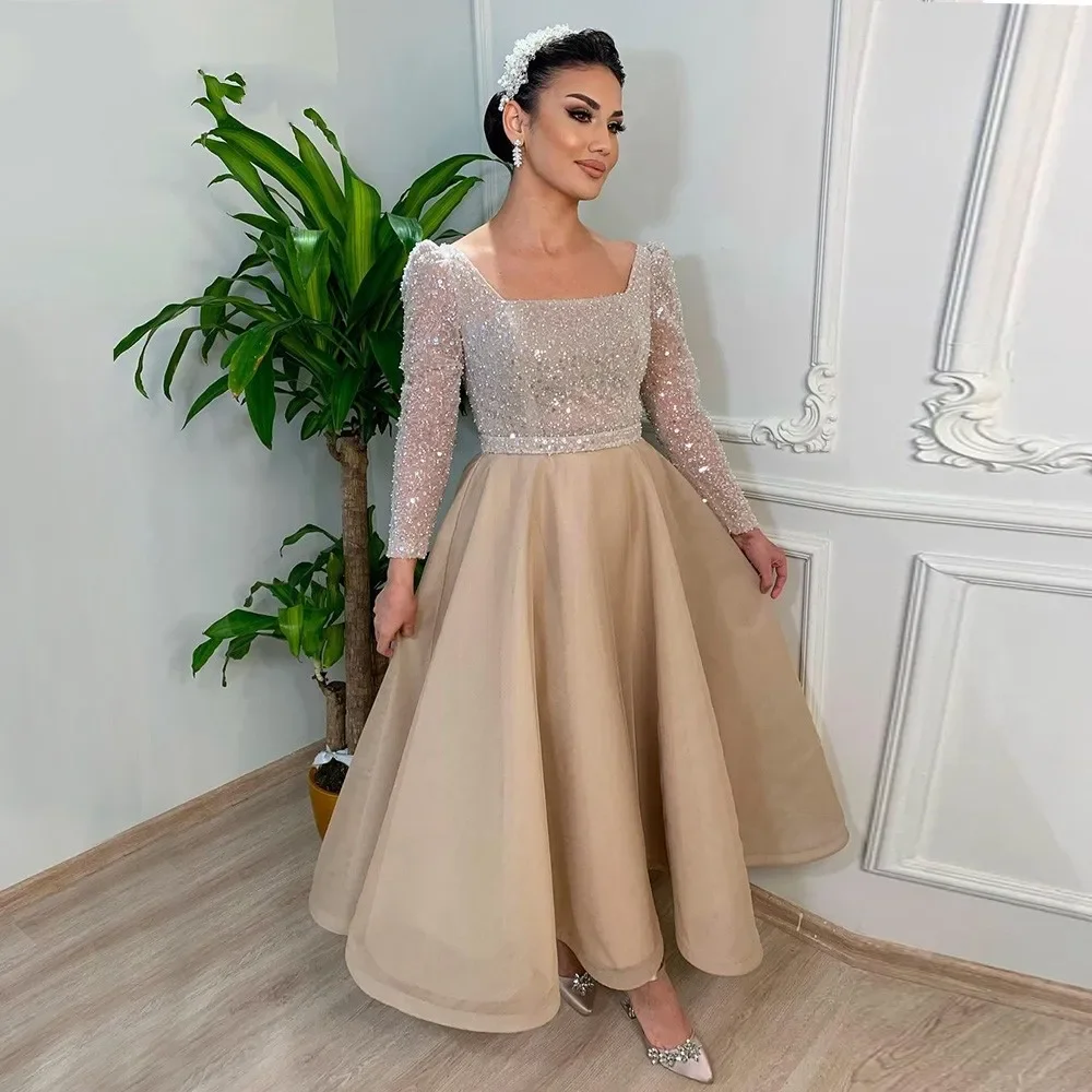 

Sequins Champagne Dubai Evening Night Dress for Women 2026 Square Neck Aline Ankle Length Formal Prom Party Gowns