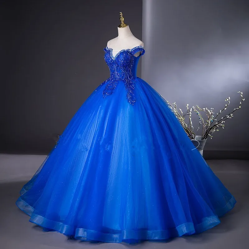

Продвинутое новое пышное платье французской принцессы, платье Quinceanera, длинное платье для выступлений, с v-образным вырезом, без рукавов, на одно плечо, кружево из бисера