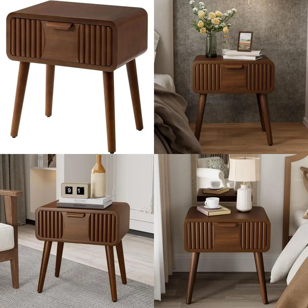 Vintage Mid-Century Modern Nightstand, Brown Striped Wood Side Table with Drawer, Storage for Bedroom & Living Room