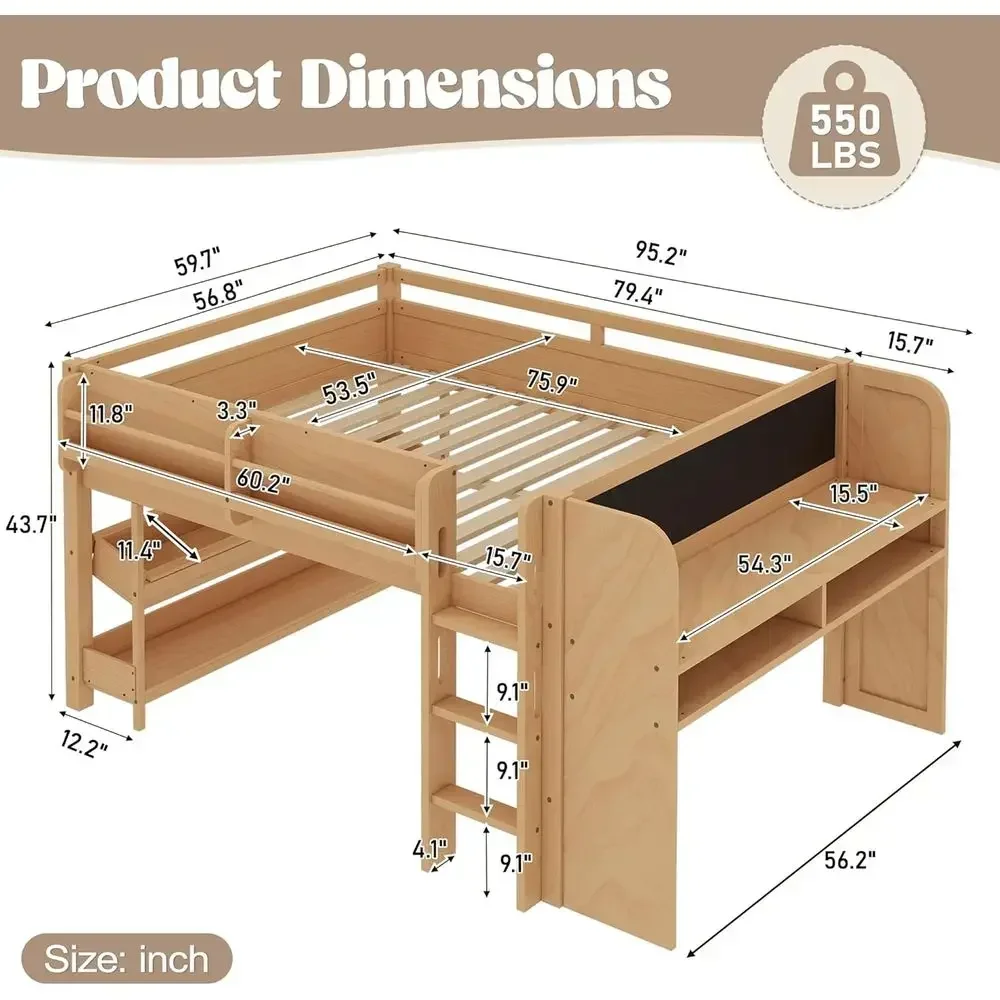 Full Size Wooden Loft Bed with Desk and Bookshelf, Low Loft Bed with Blackboard and Slat Support for Kids, No Box Spring Needed,