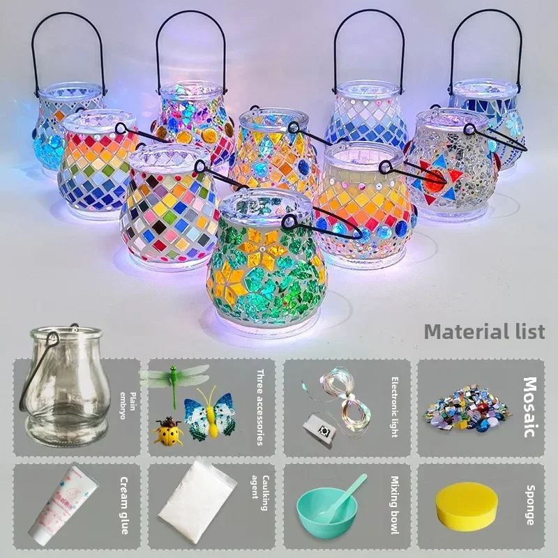 DIY Mosaic Lantern Kit Glass Cover LED Light Mosaic Making Accessories Creative Handwork Candlestick Crystal Glowing Friend Gift