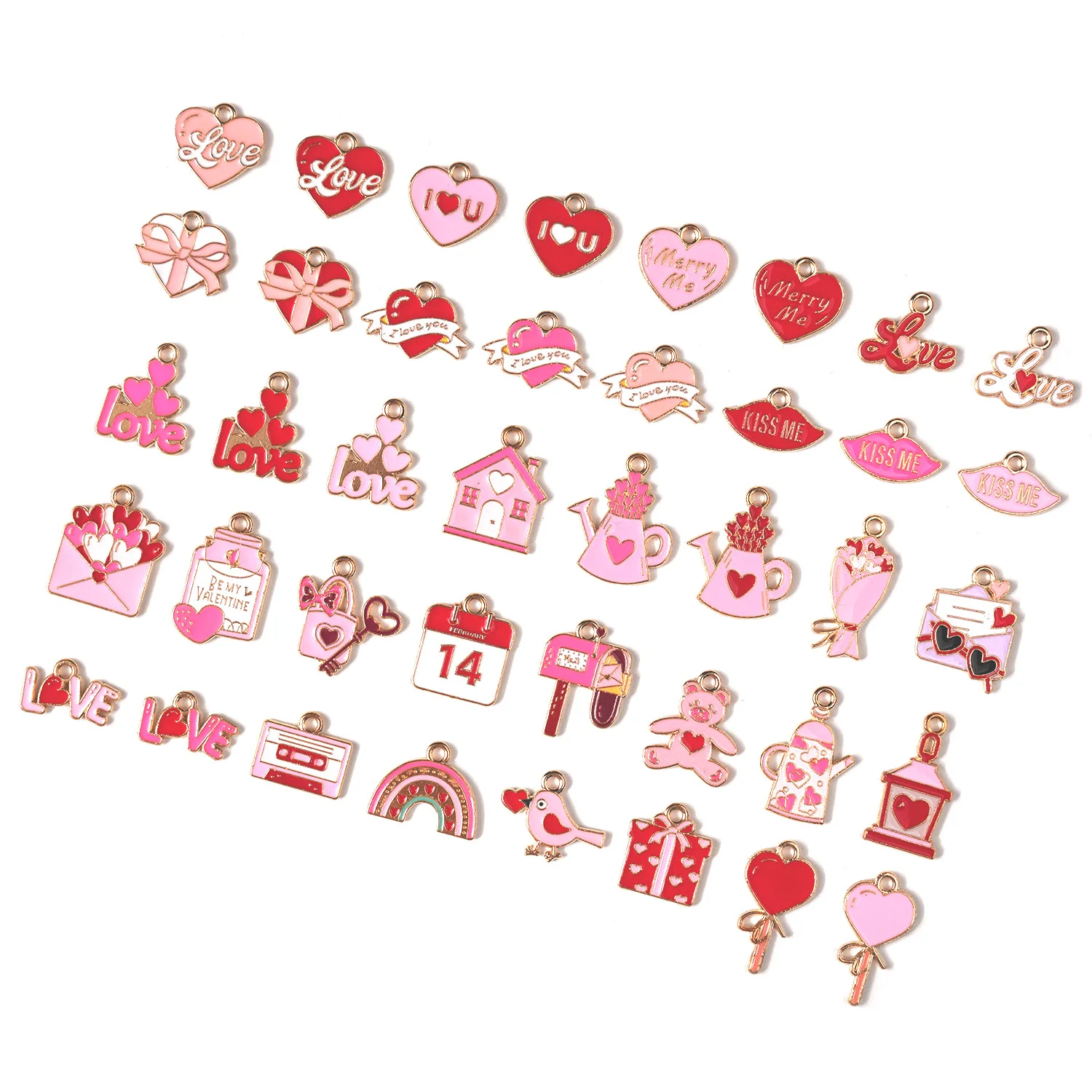 10pcs Pink Series Alloy Metal Enamel Charms Carrier Pigeon Tape Calendar Bottle Watering Pot Pendants for DIY Jewelry Making