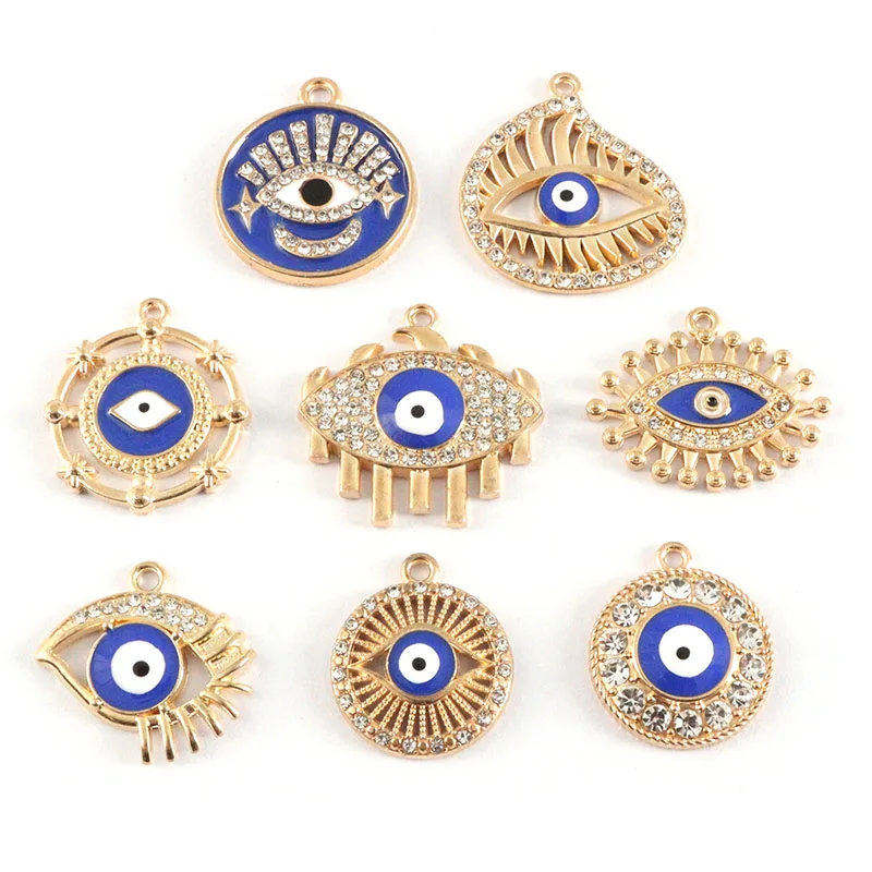 5Pcs Antique Gold Plated Hollow Eyelash Rhinestones Turkish Blue Evil Eye Charms Pendants For DIY Handmade Necklace Parts