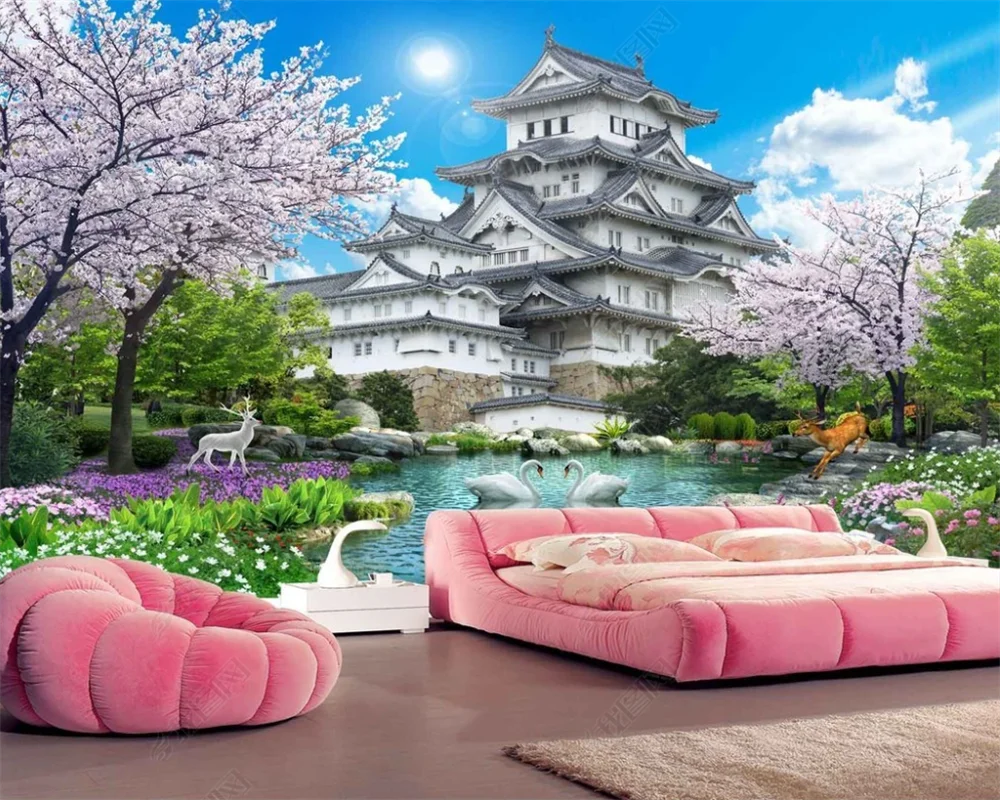 

beibehang Customized latest bedroom decoration painting castle cherry blossom tree living room TV background wallpaper