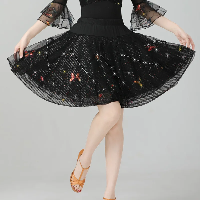 Quadrado dança latina saia curta jitterbug meio corpo saia lantejoulas borboleta três passos saia inchada desempenho traje feminino