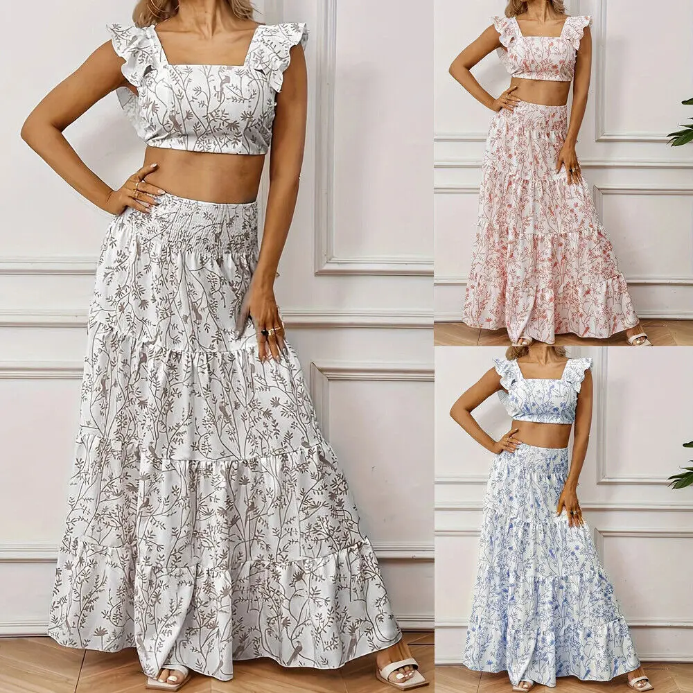 Summer and Autumn Leisure Commuting Simple Travel Printed Short Sleeved Tops Half Skirt Set for Women