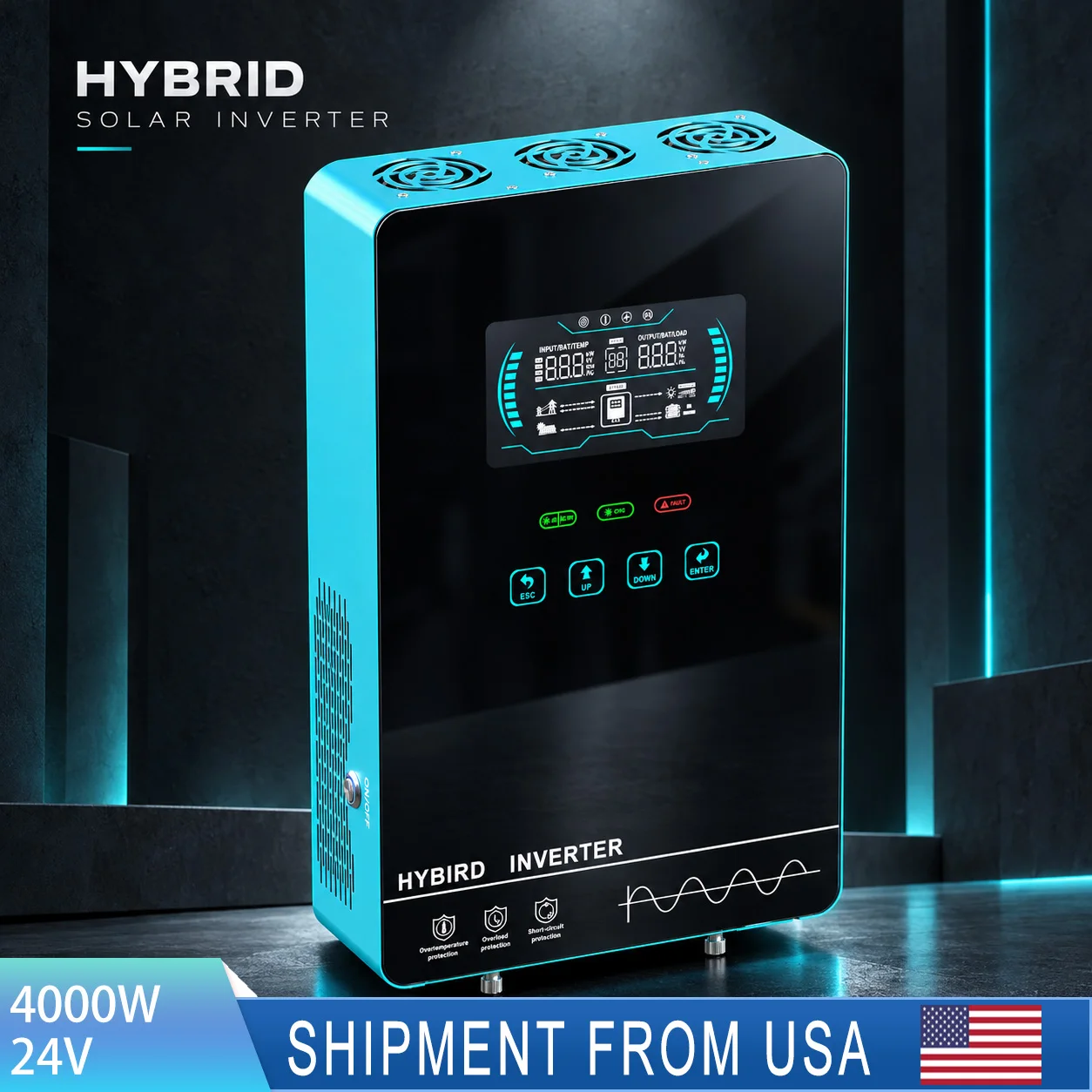 4000W/4500VA Hybrid Inverter with 24V Battery Input 140A MPPT 120V Single-Phase Power Inverter for Off-Grid Solar Systems