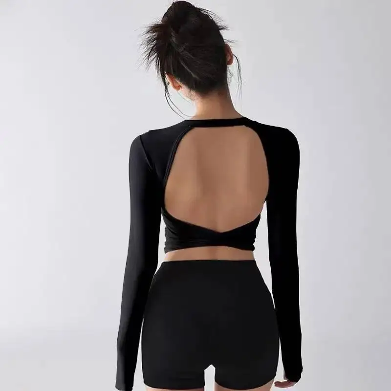جديد اليوغا طويلة الأكمام المرأة S وسادة الصدر الثابتة مع مثير عارية الذراعين الرياضة الخصر يتوقف والتخسيس ارتداءها تي شيرت