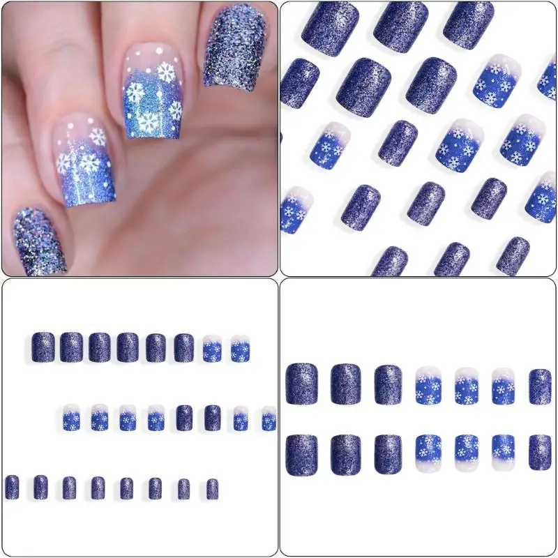 652C 24pcs French Tip Short Square Press On Nail Blue Glittering Snowflake Designs Stick on Nail For Christmas And New Year