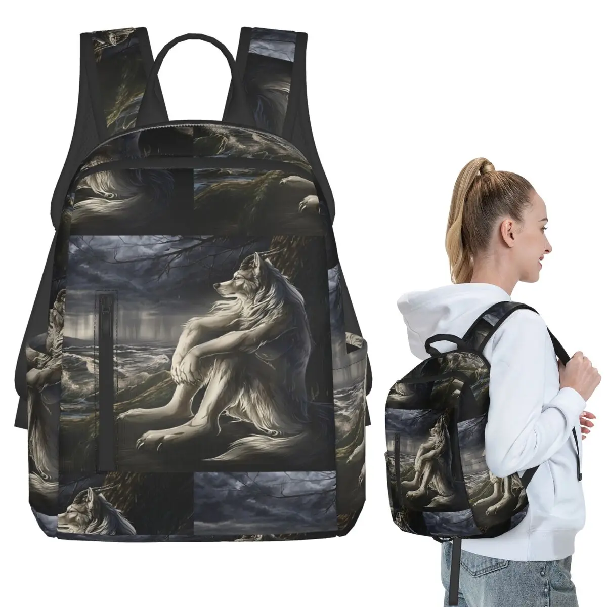Emo White Wolf Sitting Sad Meme Backpack Student BookBag Boys Girls School Bag Computer Shoulder Bags Men Women