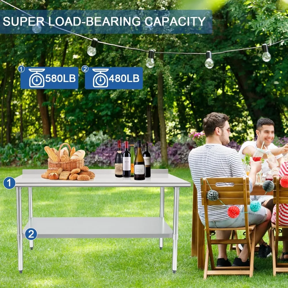 Mesa de preparação e trabalho de aço inoxidável 24 x 48 polegadas NSF comercial resistente com undershelf e backsplash para descanso