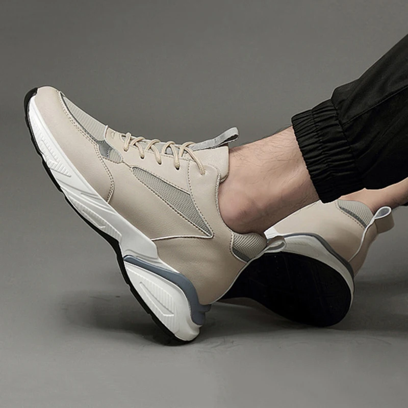 Men's Casual Shoes Chunky Sneakers 6/8CM High Quality Genuine Leather Cowhide Breathable Trendy Trainers Thick Shoes Size 36-44