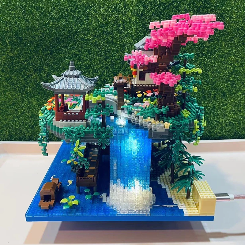 3320PCS Peach Blossom Waterfall Building Block Architecture Pavilion River Light DIY Model Micro Bricks Toy Friend Graduate Gift