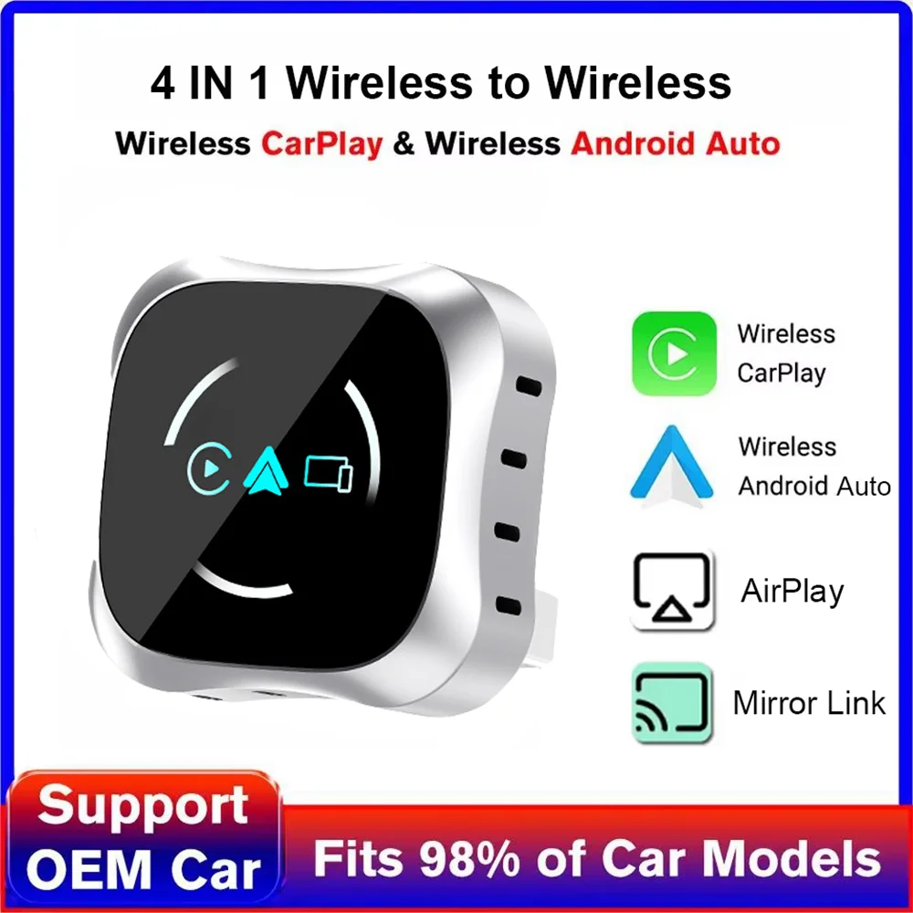 

Адаптер Bluetooth 4-в-1 для CarPlay, Android Auto, AirPlay, Mirror Link (проводной в беспроводной) для Audi, Benz, Toyota, VW, модель 2026 года (обновленная версия)