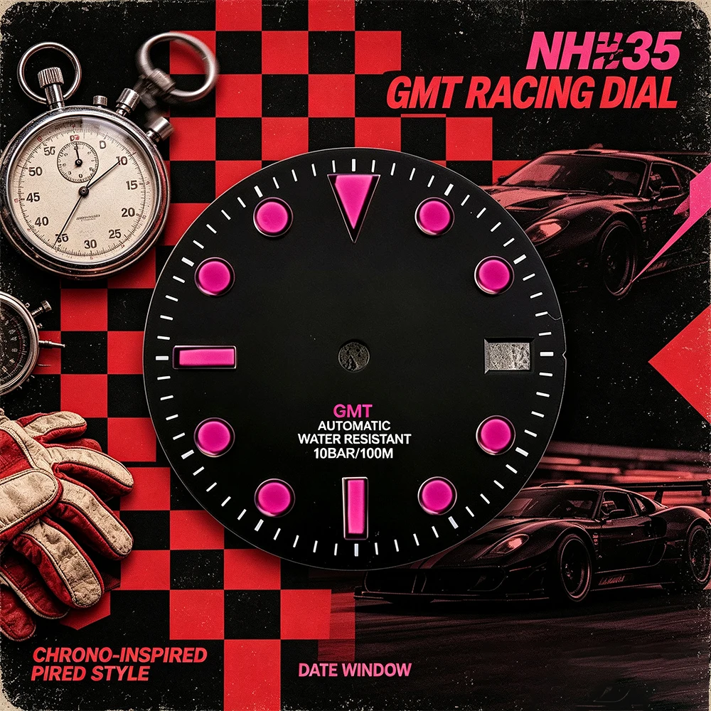 28.5mm NH35 Watch Dial Black Pink Index Date Window 10BAR Waterproof Custom Mod Dial Fit NH35 Automatic Movement Watch Mod Parts