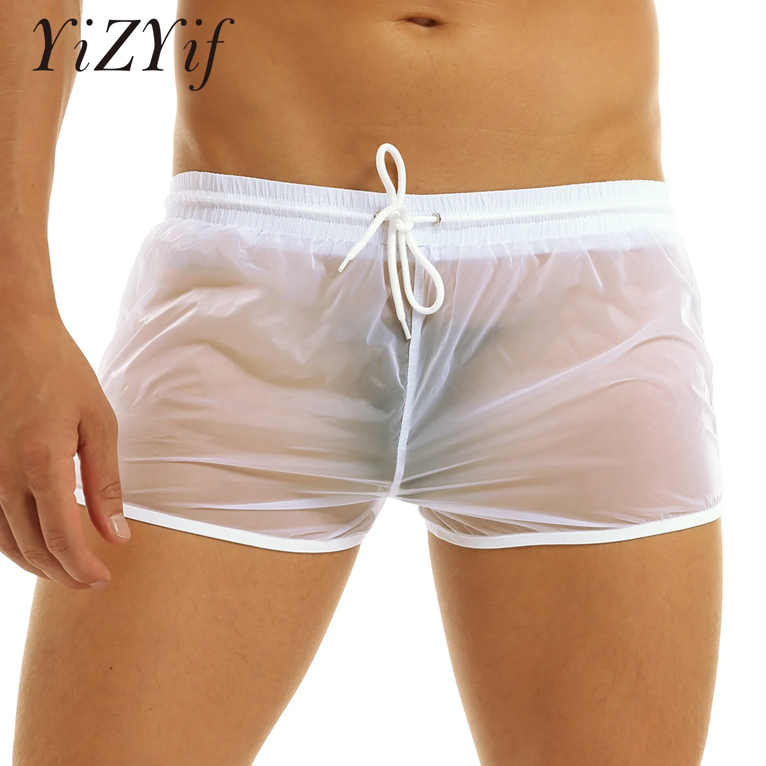 YiZYiF Men Sexy Boxer Shorts Soft See Through Fabric Drawstring Lightweight Boxer Shorts Gay Panties Casual Swimming Wear Shorts