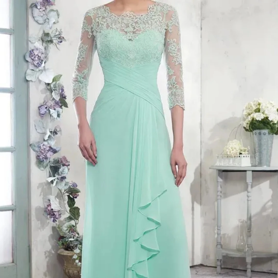 

Vintage Chiffon A-line Lace Appliques Mother of the Bride Dresses Buttons Back Floor Elegant Evening Formal Dresses فساتين سهرة