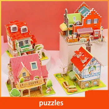 Puzzle papierowe 3D Montessori miniaturowe domy śmieszne modele budowy kartonów dla dzieci ręcznie robione zabawki edukacyjne