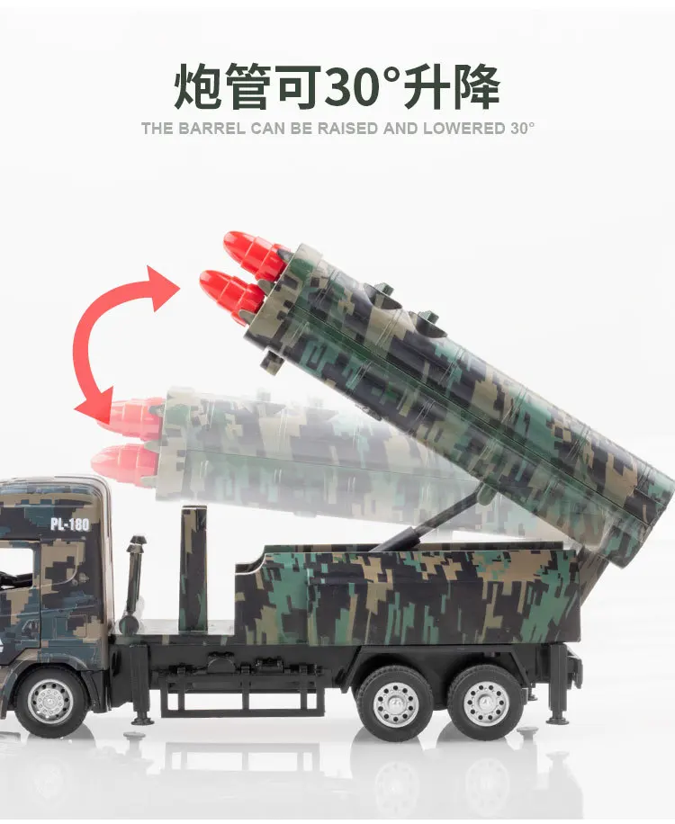 Lanzador de cohetes de misiles de alta simulación 1: 32, luz de sonido militar, modelo de aleación extraíble, adorno, juguetes para niños para regalos