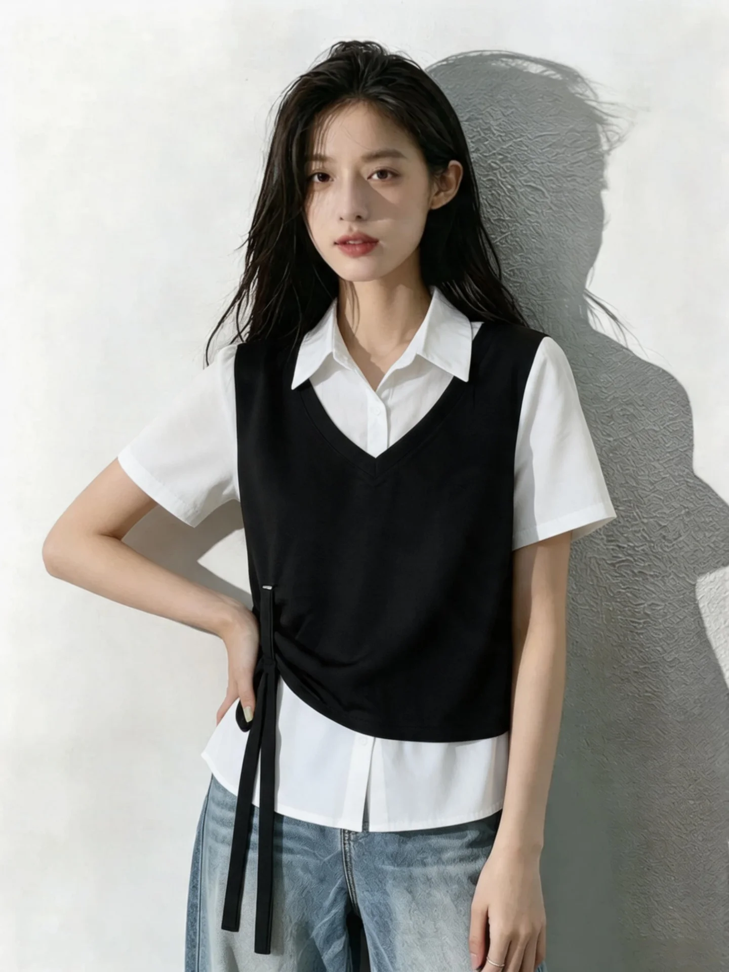 

Slimming Design Short Sleeve Vest And Shirt Combo Women's Summer Fashion plus Size Patchwork Top Korean Style Commute Wind
