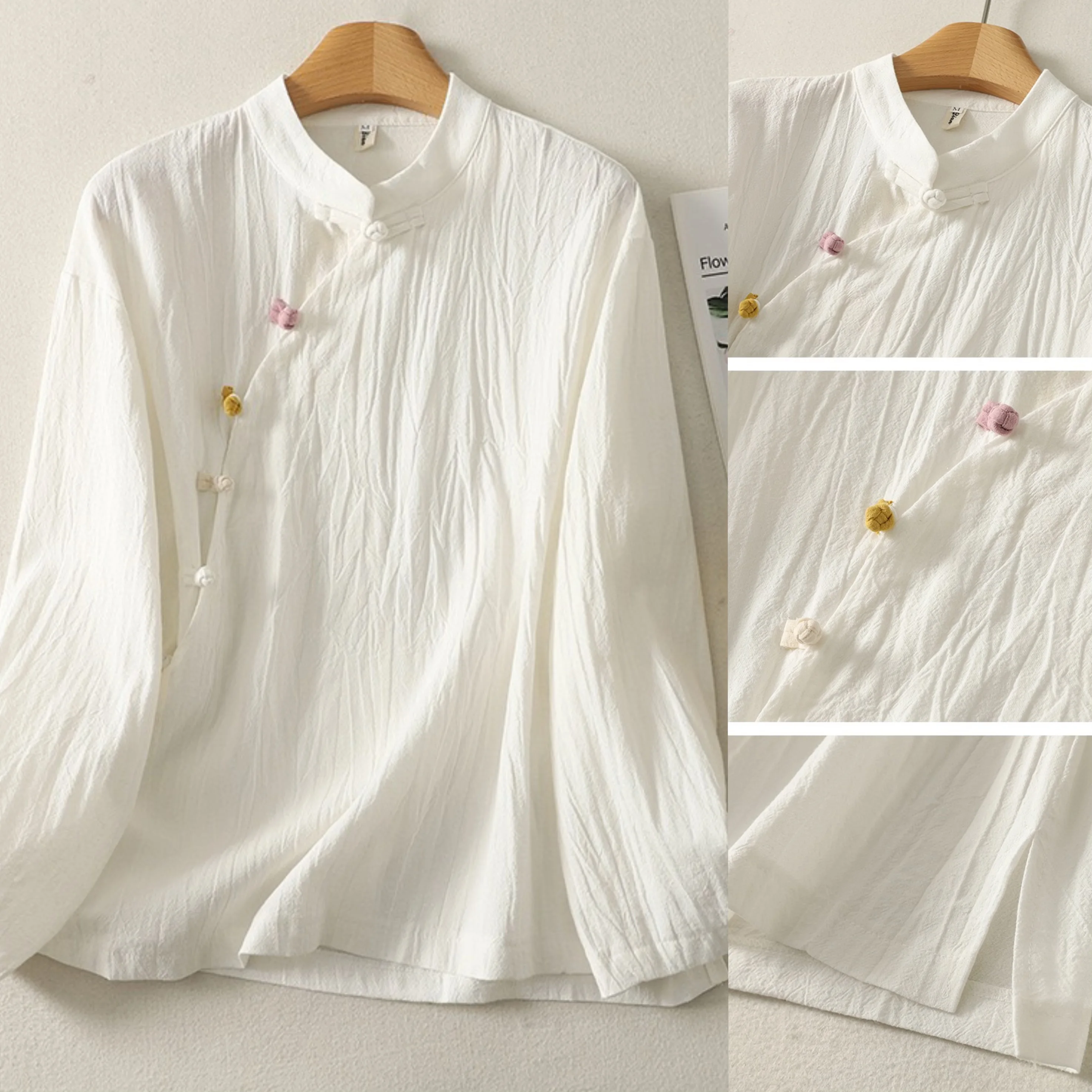 

Vintage Button Tang Clothes Blouse Long Sleeve Chinese Shirts Traditional Vintage Zen Tea Costume Oriental Ancient Hanfu Top