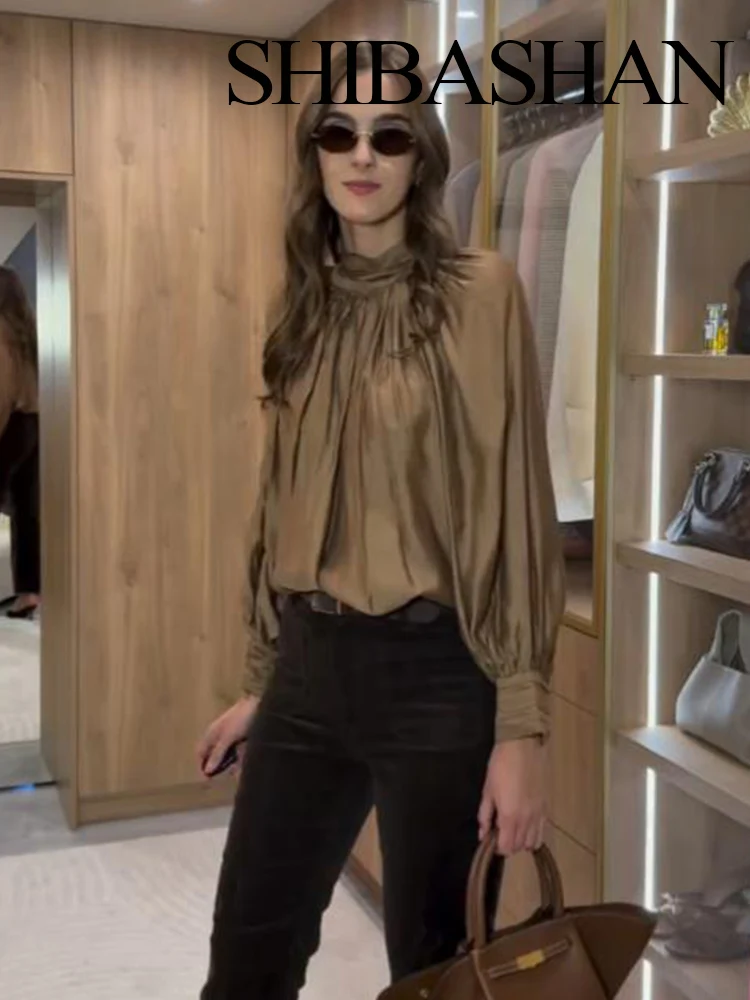 

HH женская мода простая универсальная драпированная рубашка с воротником-стойкой женская элегантная уличная повседневная рубашка с длинным рукавом