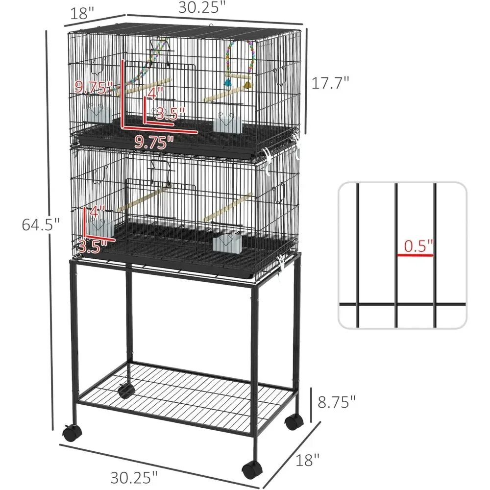 

Double Stackable Bird Cage with Stand, Wooden Swing,Rope Ladder & Wheels for Canaries,Lovebirds Finches,Budgie Cage with Storage