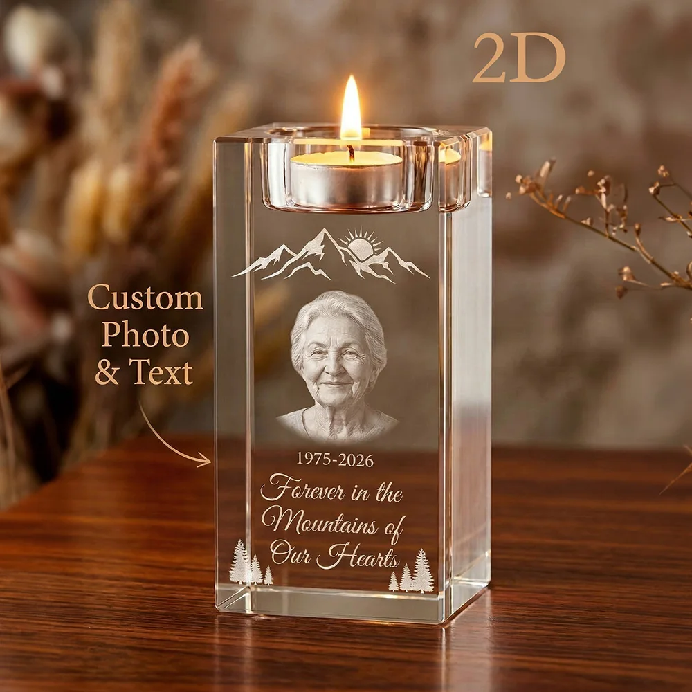 1pc Personalized Custom Photo & Text Crystal Candle Holder,2D Engraved Memorial,Keepsake Home Decor,Sympathy Gift for Family