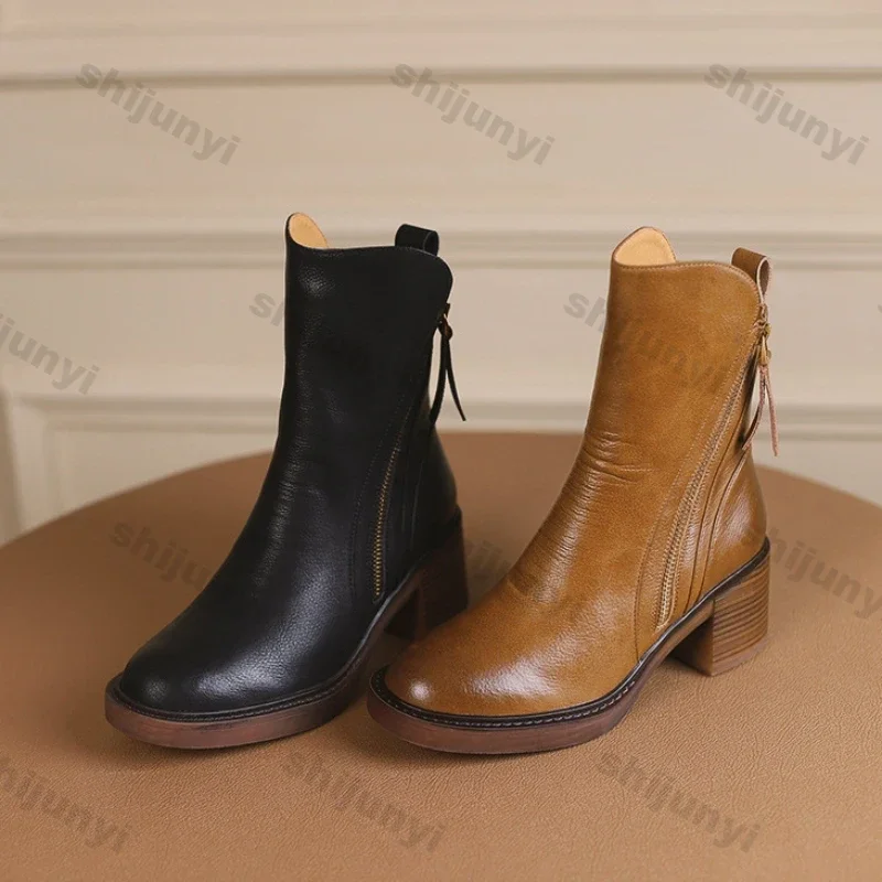 Women\'s Platform Chelsea Boots New Round Toe Chunky Heel Women Brown Ankle Boots Outdoor High Heel Leather Boots Zapatos Mujer