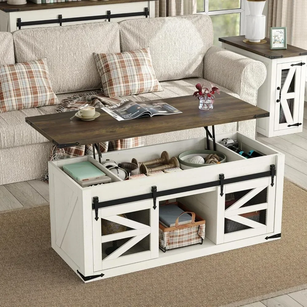 

47.3'' White Farmhouse Center Table with Sliding Ironmesh Doors, Rustic Brown Top Rectangular Coffee Table for Living Room