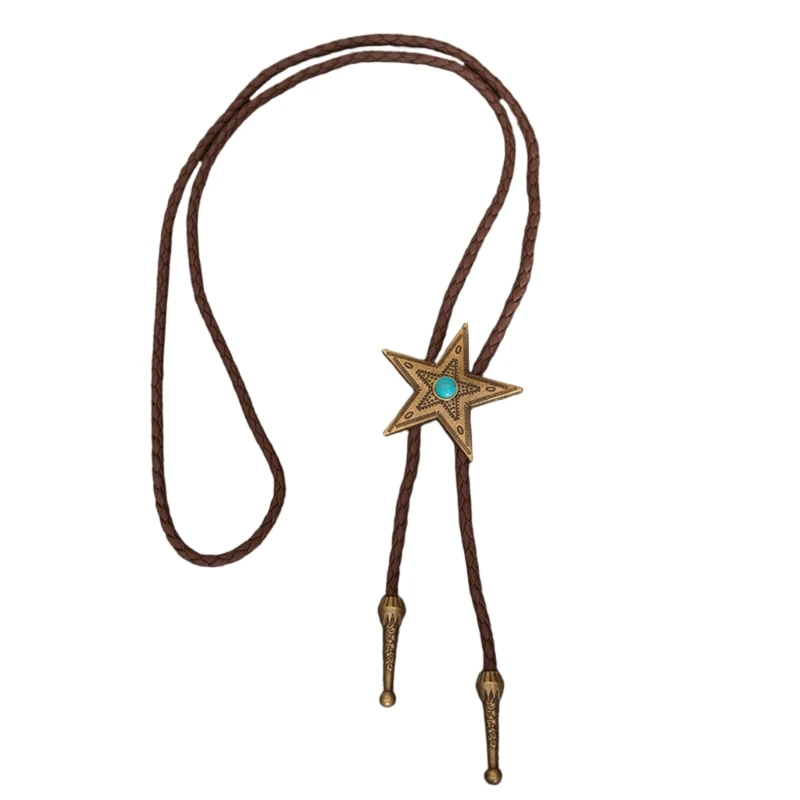 

Metal Star and Turquoises Bolo Tie Western Cowboy Leather Cord Necktie Necklace