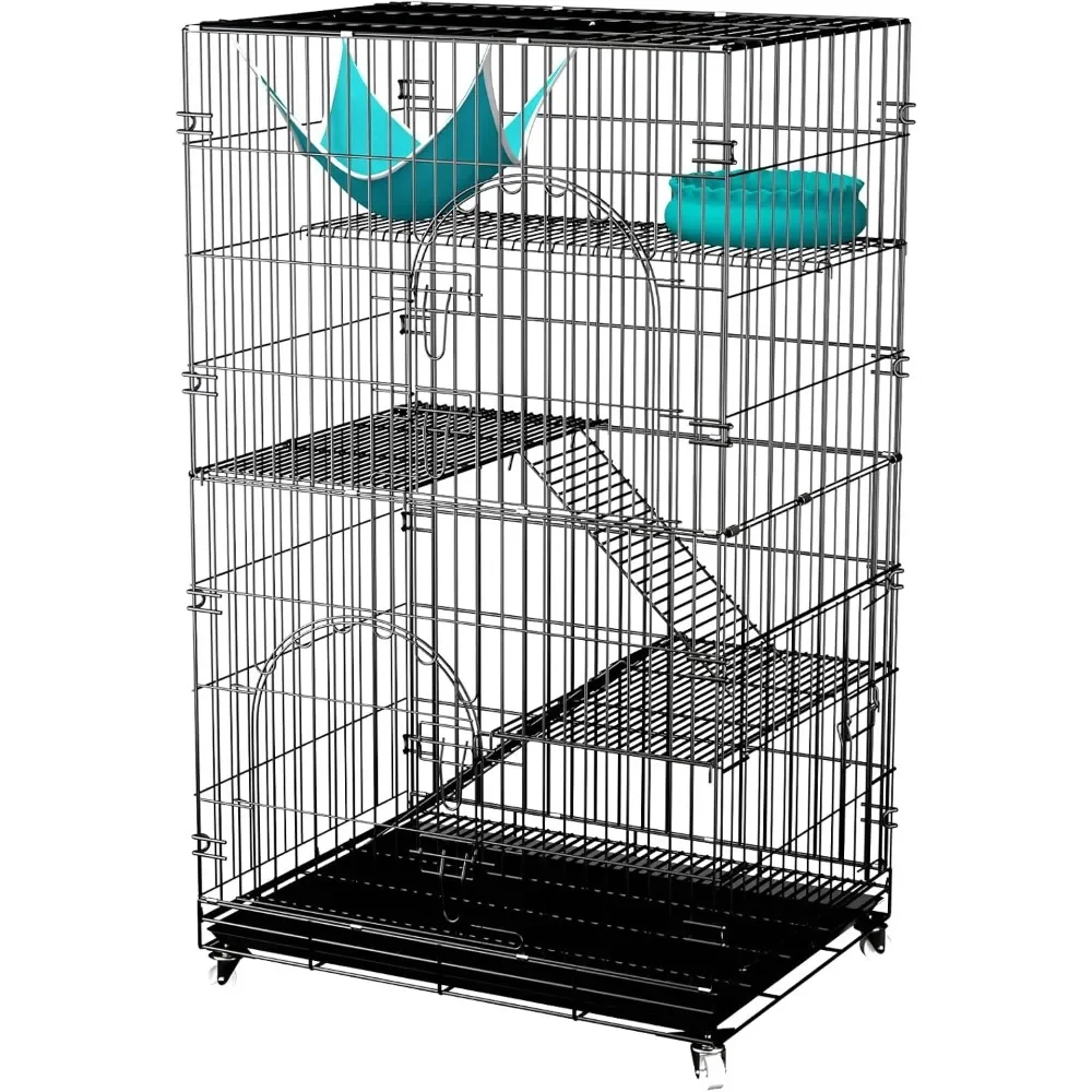 

FoldableCat Cage, 46 Inch Metal Pet Cat Kitten Ferret Animal House, Kennel Enclosure with 4 Wheels, 2 Doors, 3 Ladders,Cage