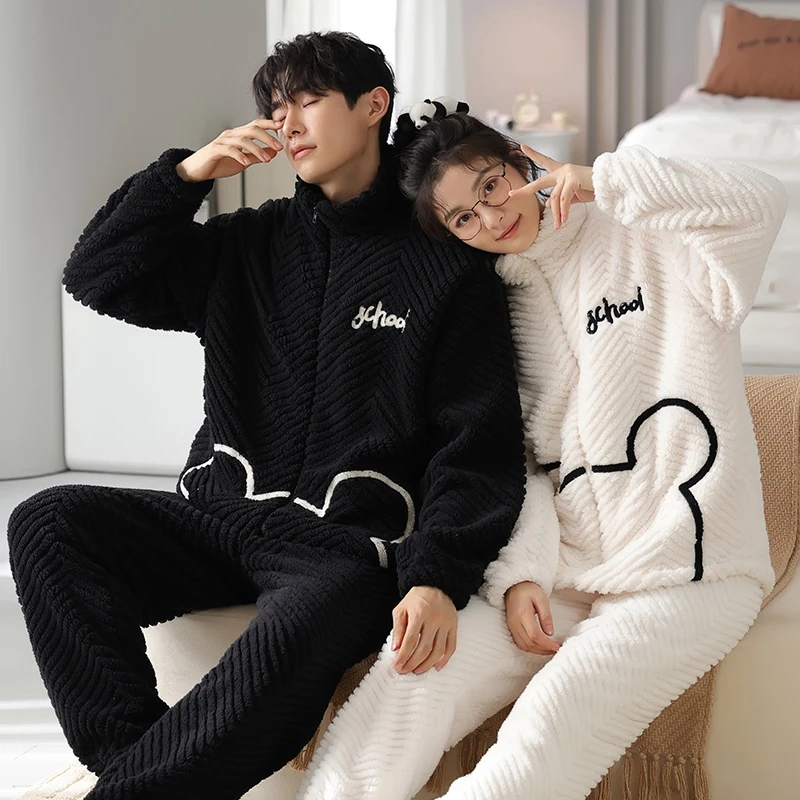 Newest Winter Couple Pajamas Set Women Men Warm Fleece Pijama Lovers Cute Cartoon Home Clothing